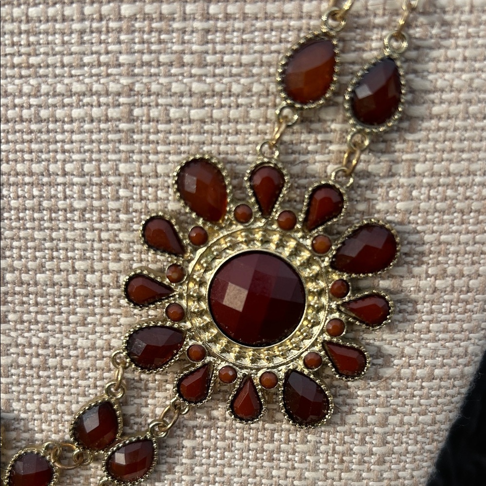 Vintage Gold-Tone Necklace with Deep Red & Burnt Orange Floral Drops - Picture 3 of 11